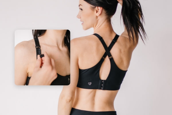 Back view of woman wearing black maternity and nursing sports bra with front zip from Joyleta, a maternity activewear company in Canada.