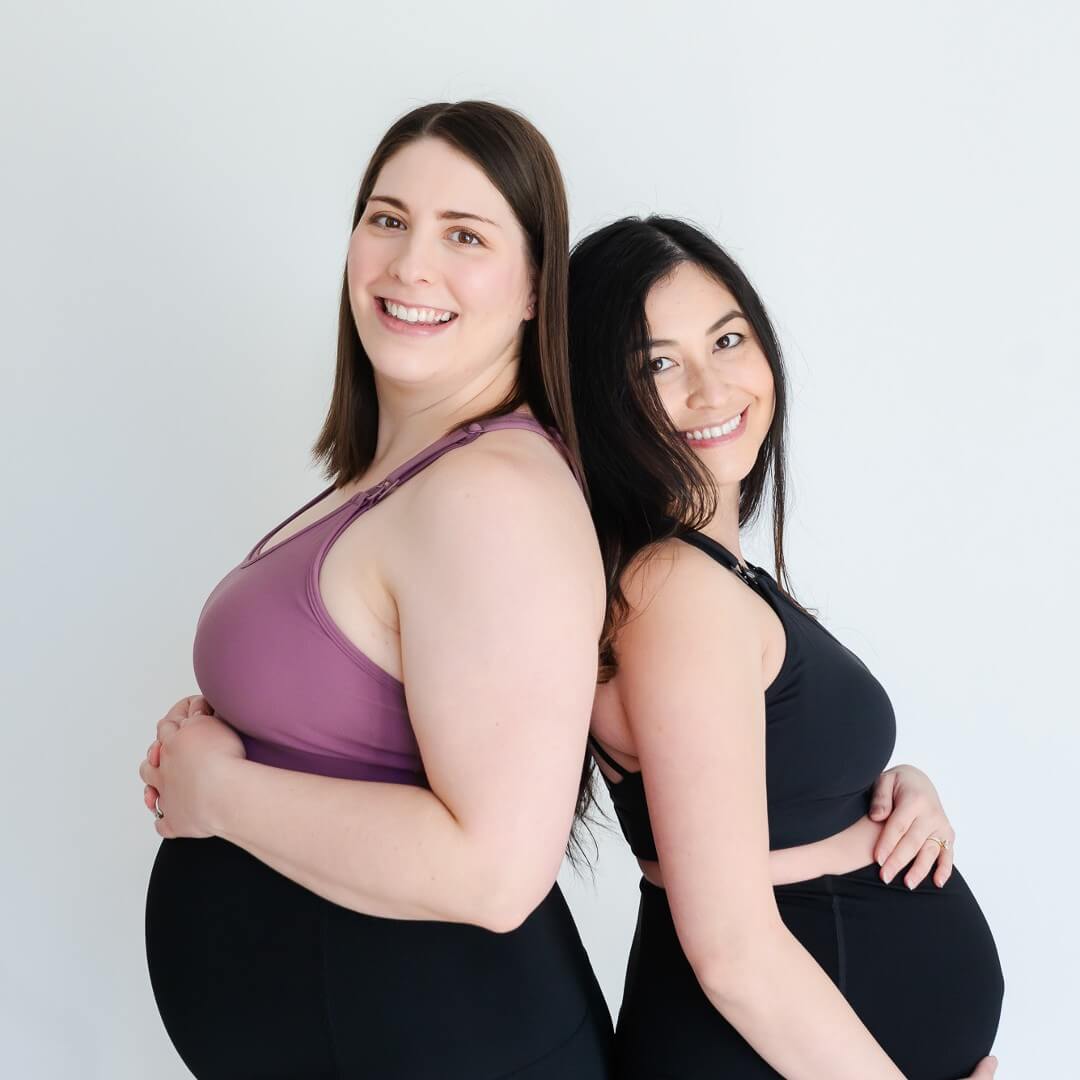 Two pregnant women showing black and purple nursing sports bras from Joyleta Canada.