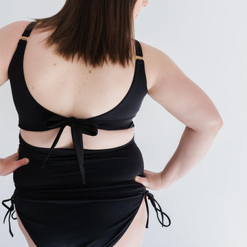 Woman showing back of black maternity swimsuit bottoms from Canadian maternity activewear company, Joyleta.